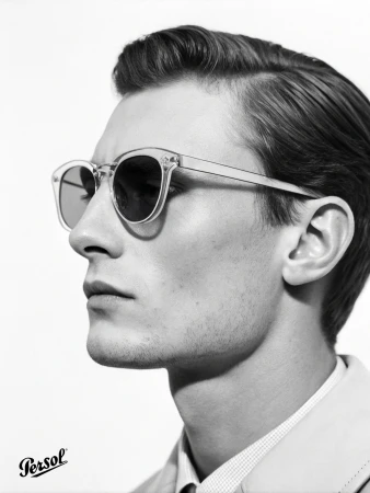 Black and white profile portrait of a man wearing clear acetate sunglasses against a plain white background with a Persol logo.