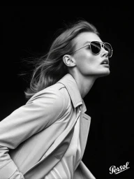 Monochrome profile portrait of a woman wearing aviator sunglasses and a collared coat against a black background.