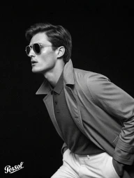 Black and white profile portrait of a man wearing aviator sunglasses, an open trench coat, and polo shirt against a black backdrop.