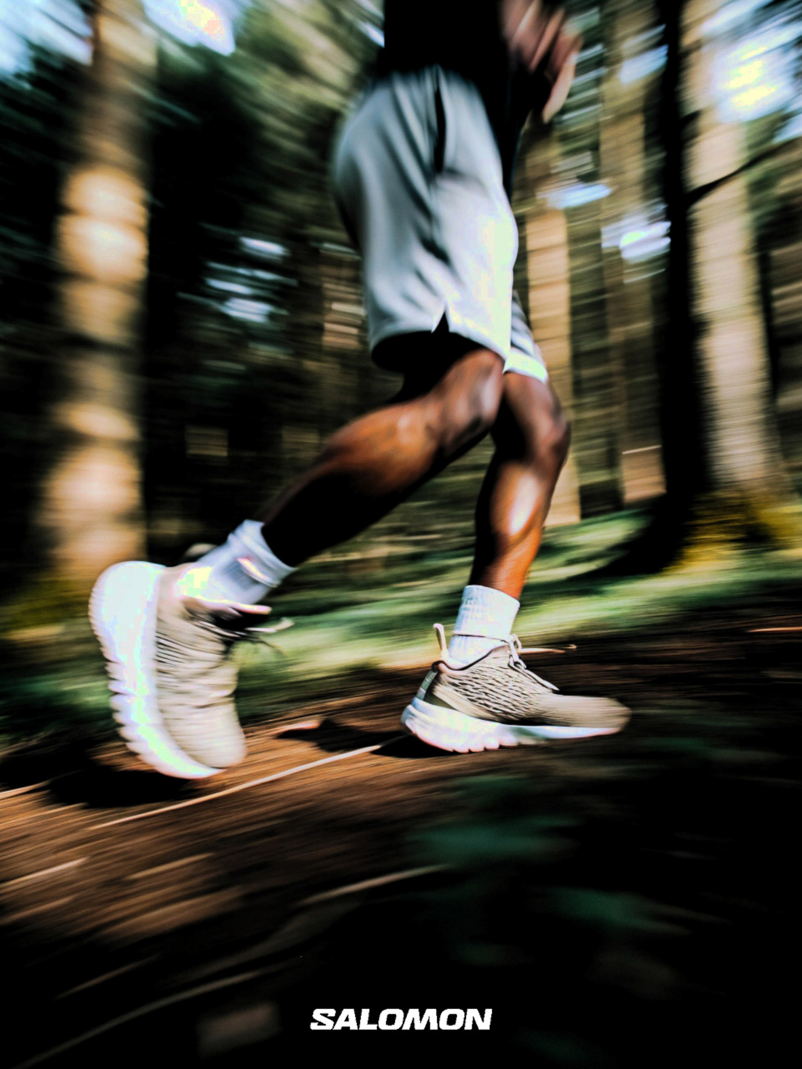 An athletic person is running through a sunlit forest; the runner wears shorts and athletic shoes, showcasing dynamic motion in nature.