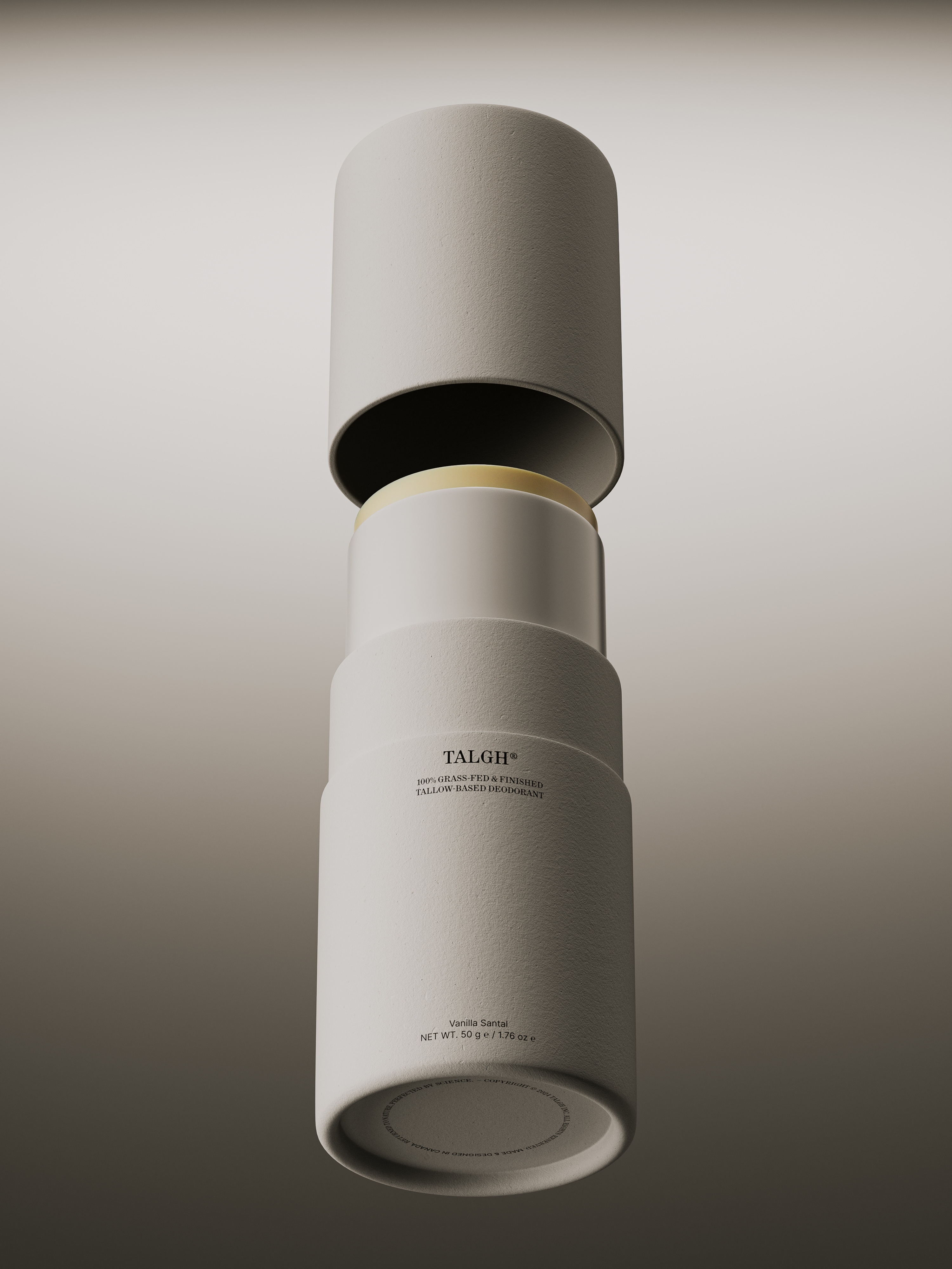 An off-white deodorant stick stands with its cap hovering above, set against a soft, neutral background. The cylindrical packaging features printed text.