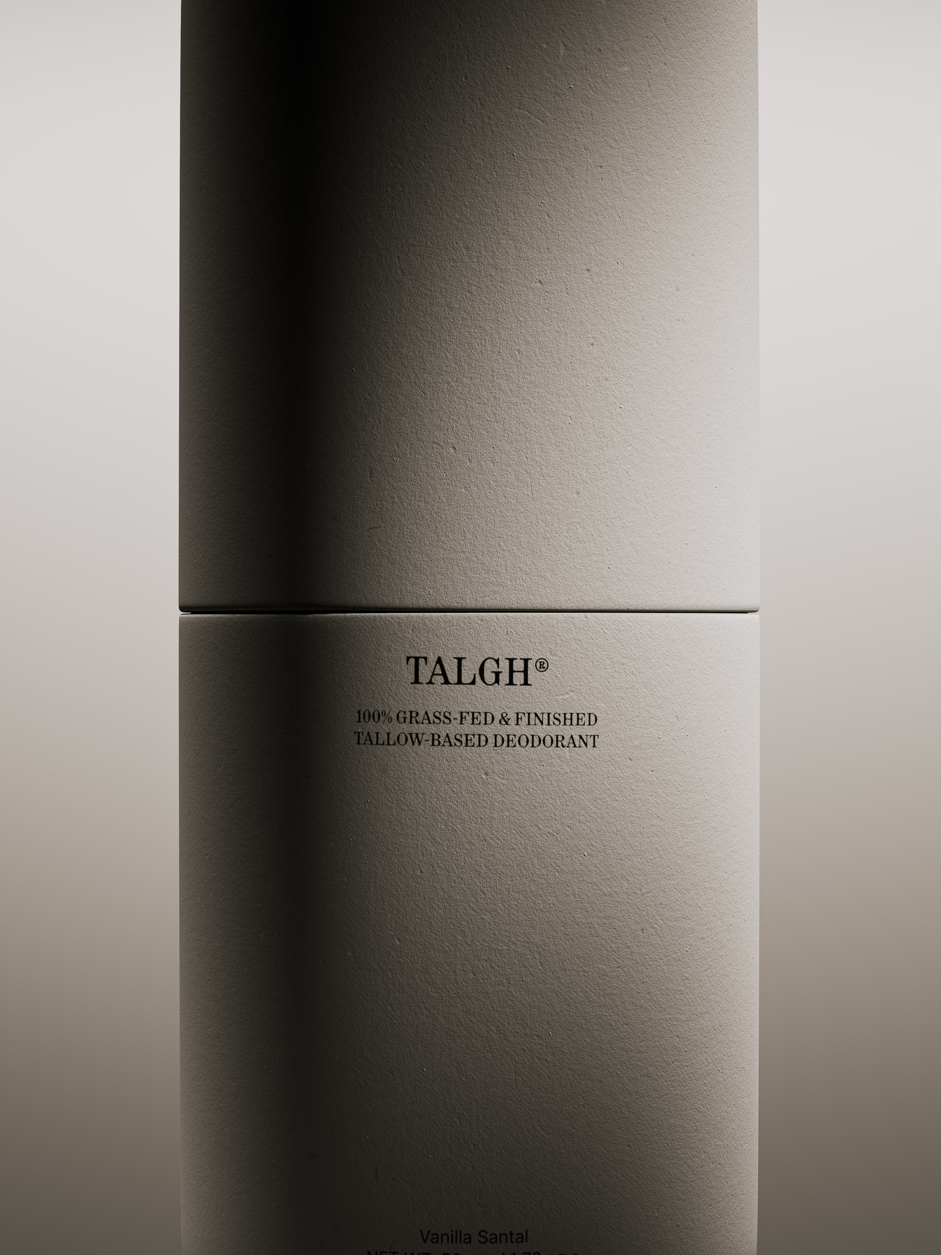Close-up of a deodorant container by TALGH®, a 100% grass-fed & finished tallow-based product. Minimalist studio shot with soft lighting.