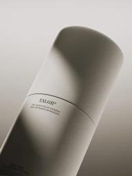 Minimalist off-white Talgh tallow-based deodorant container rendered with diagonal shadow on a neutral gradient background.