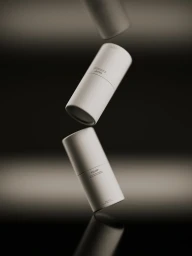 Three minimalist off-white cylindrical cosmetic containers floating in mid-air against a dark gradient studio background.