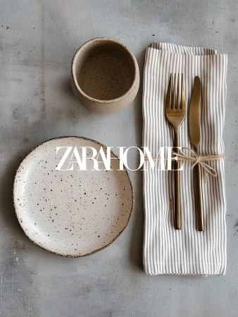 Overhead shot of a place setting with a speckled plate, mug, gold flatware, and striped linen napkin on a neutral gray surface.