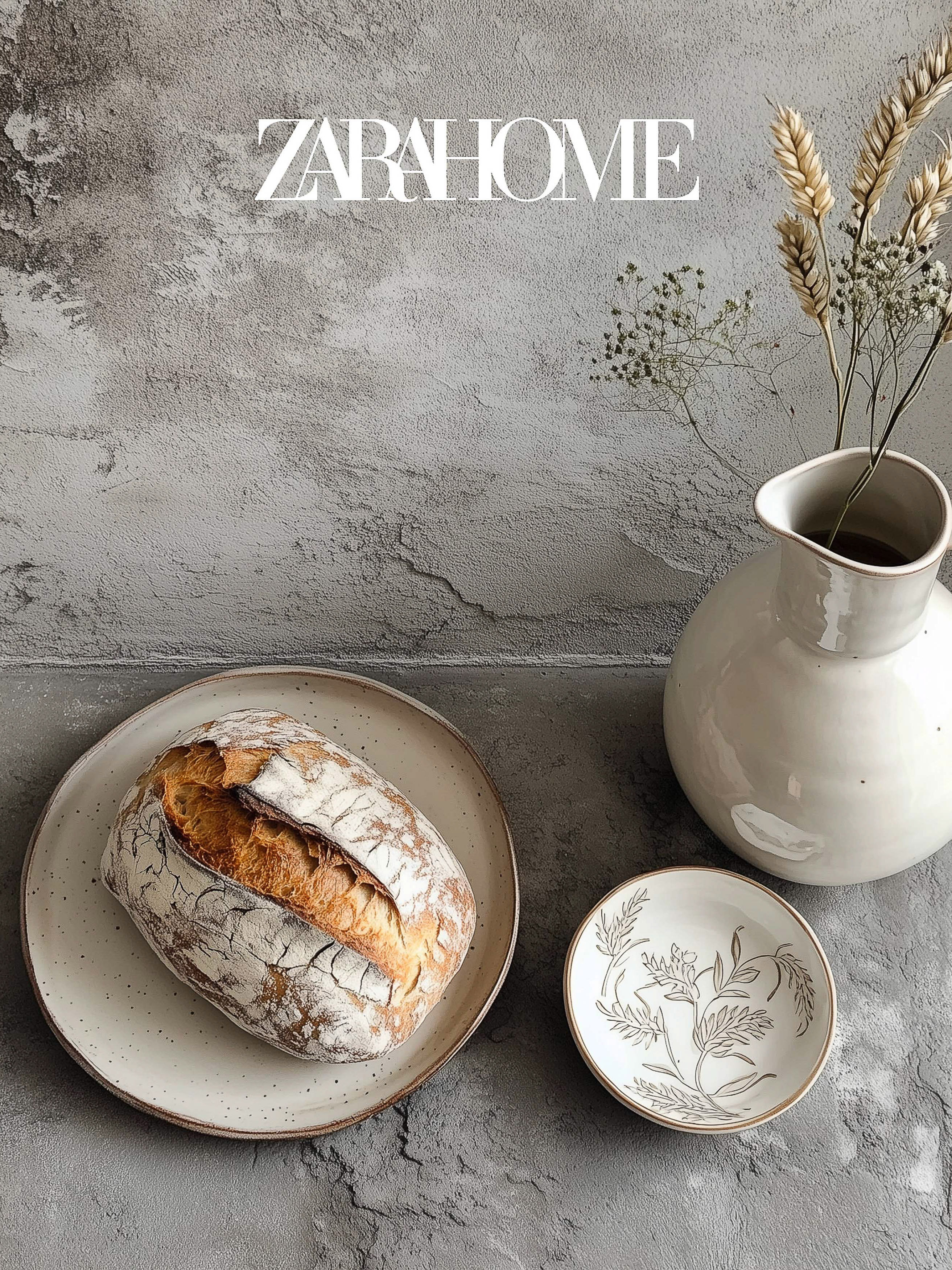 Still life shot featuring a loaf of crusty bread on a plate, small dish, dried wheat stalks in vase against a textured grey background.