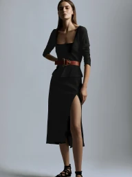 Model wearing a black square-neck midi dress with a high leg slit and wide brown leather belt against a grey seamless studio backdrop.