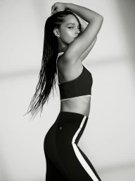 Black and white profile of a woman with braided hair wearing a Bandier sports bra and striped athletic leggings.