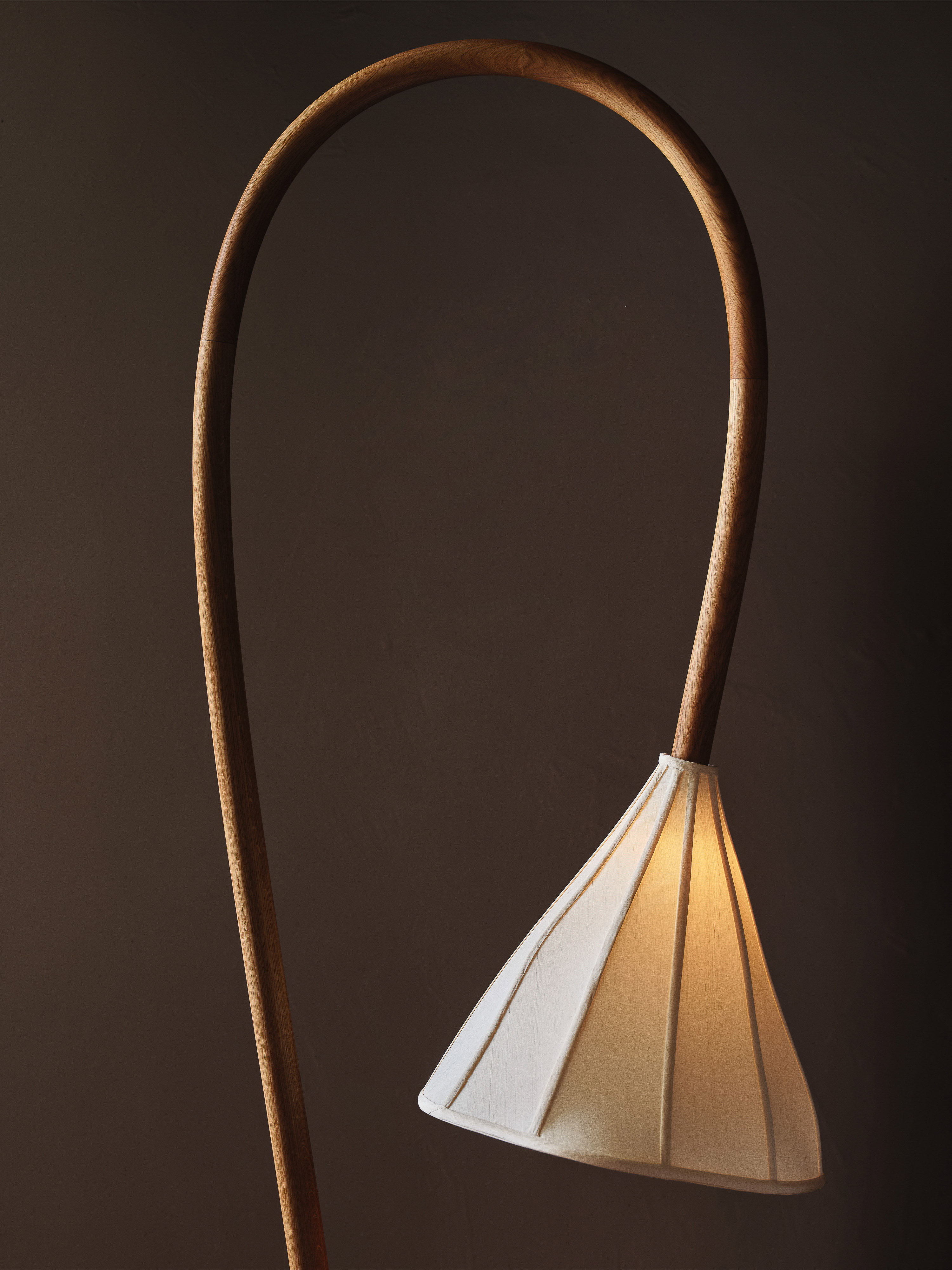 Modern floor lamp with a curved wooden frame and a white fabric lampshade, illuminated against a dark neutral background in a studio setting.