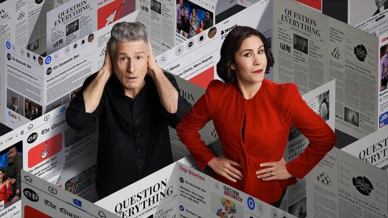 Two people pose against a backdrop of newspaper-themed graphics with headlines like 'Question Everything' and 'Top Stories'.