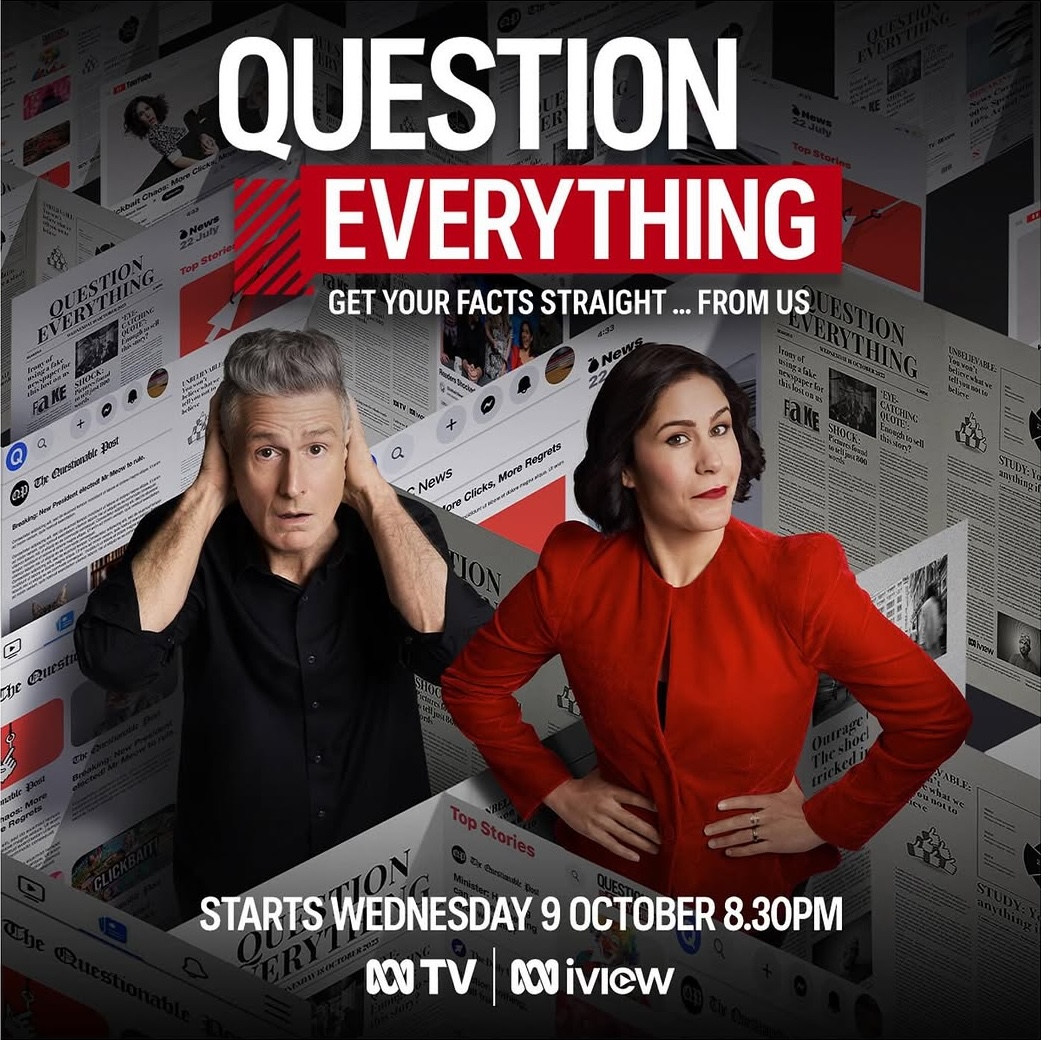 Promotional poster for 'Question Everything' featuring a man and a woman in front of a backdrop filled with web pages and articles.