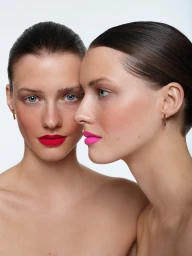 Close-up portrait of two female models with slicked hair, one wearing vivid red lipstick and the other hot pink lipstick.