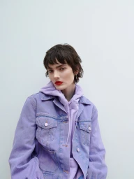 Portrait of a woman with short dark hair wearing a lavender denim jacket and hoodie with bold red lipstick against a studio backdrop