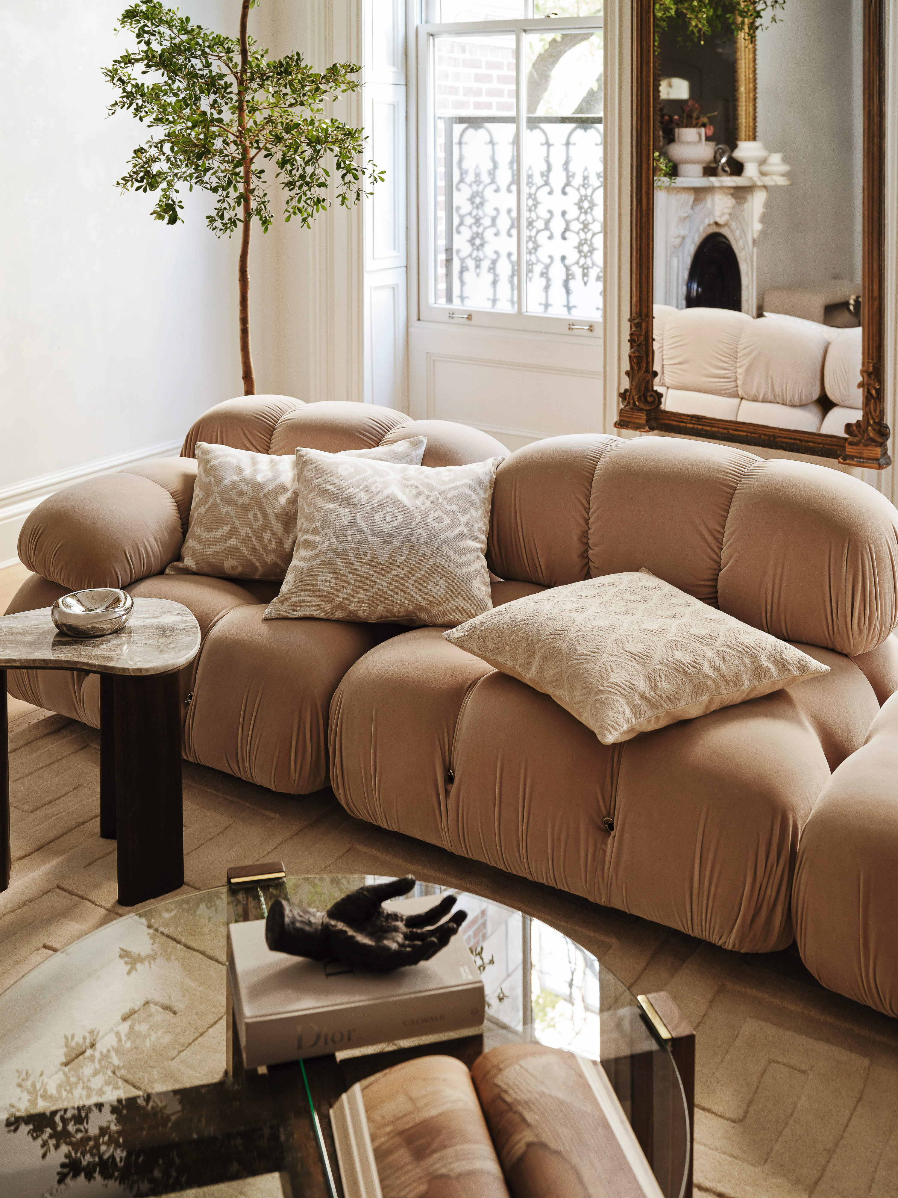 Living room interior showcasing a tan modular sofa with patterned pillows, glass coffee table, and a decorative tree near a window.