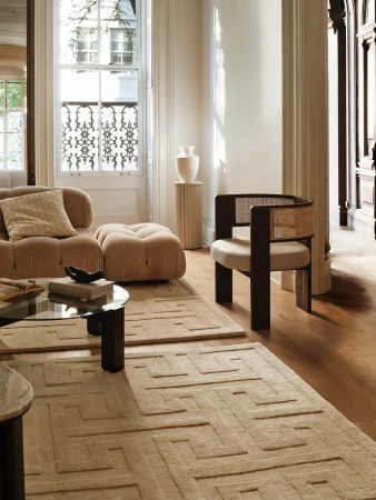 Interior design living room with tan colored sofa and ottoman, glass-topped coffee table, patterned rug, and modern armchair by window.
