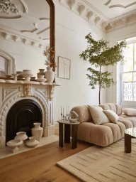 Bright living room with ornate white fireplace, ceramic vases, beige modular sofa, tall indoor tree, and arched mirror.