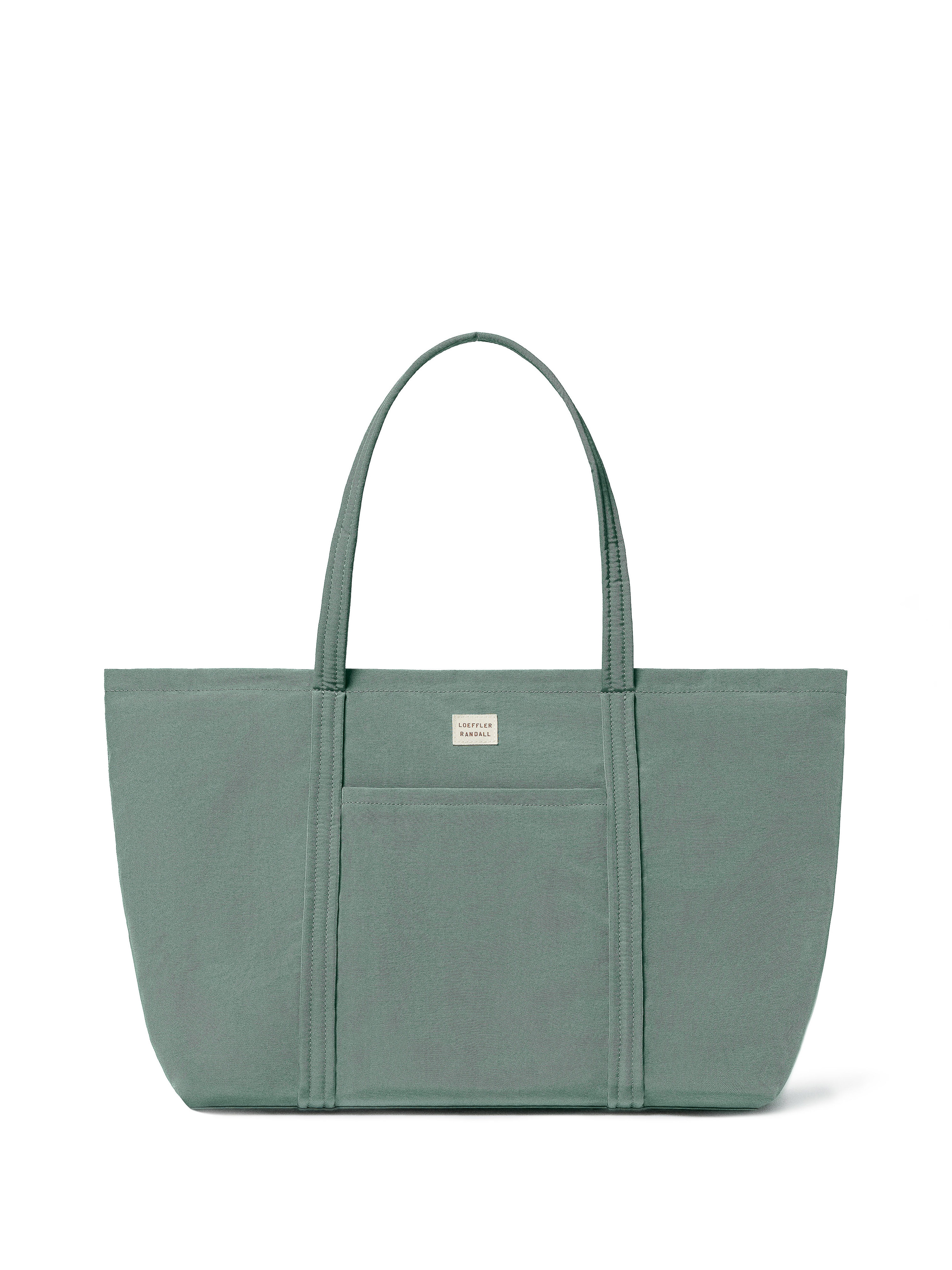 Close-up studio shot of a sage green tote bag with a pebbled texture, featuring dual handles and a rectangular silhouette.