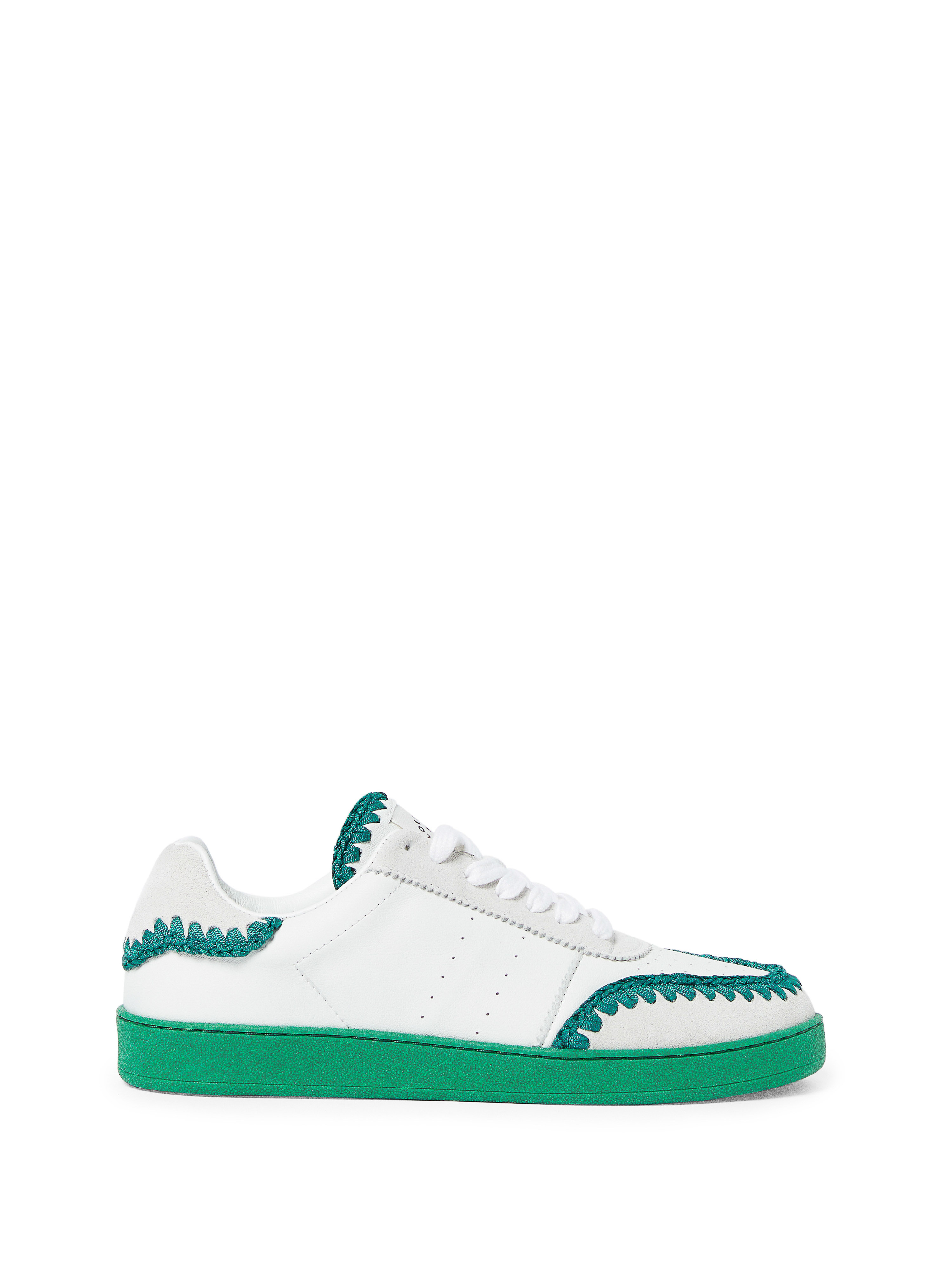 White and green sneaker on a white background in a product shot. The green covers the bottom and accentuates the top of the shoe.