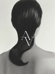 Back view of a person with slicked-back dark wet-look hair and bare shoulders against a light background with an AV monogram.