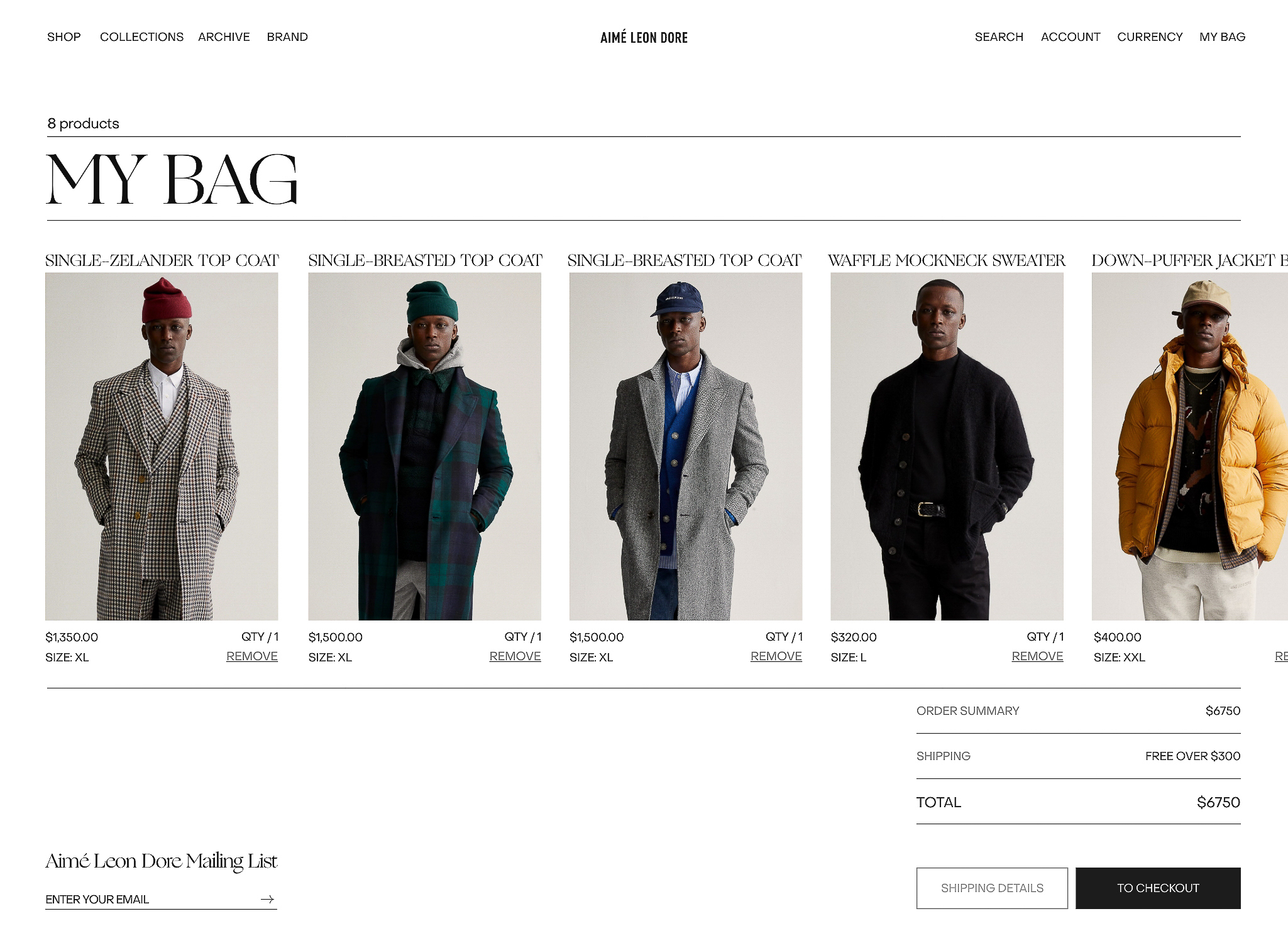 Online fashion retail display with male models wearing coats and sweaters from Aime Leon Dore, showcasing various styles and colors.