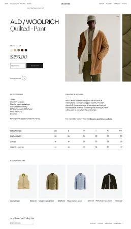 ALD / Woolrich quilted pants advertisement featuring a male model wearing tan quilted jacket, hat, and green pants on a white background.