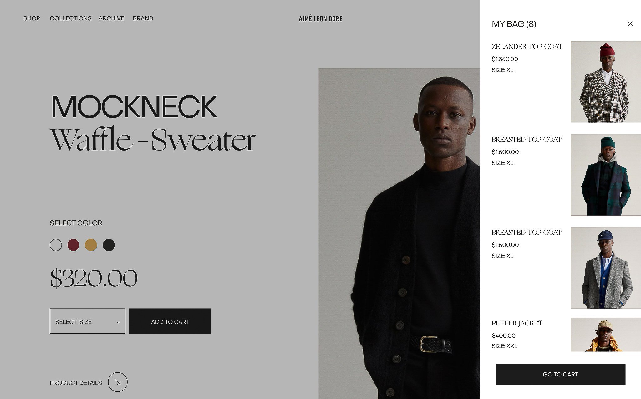 Online product display featuring a model wearing a mockneck waffle sweater, showcasing the garment and various purchasing options on a website.