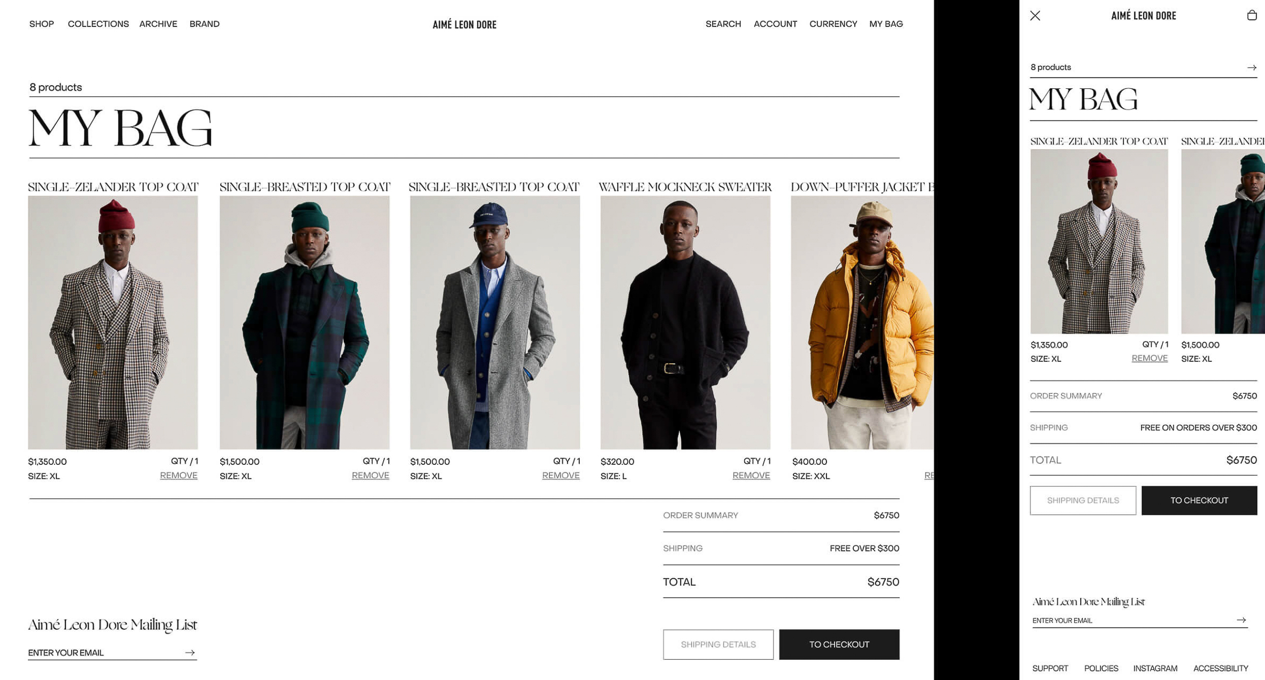 Online store product page displaying several single-breasted top coats and a down puffer jacket for sale from the fashion brand Aimé Leon Dore.