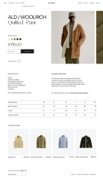 E-commerce product page interface for Aimé Leon Dore featuring Woolrich apparel, sizing table, and product recommendation cards.