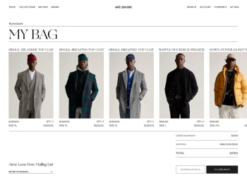 Aimé Leon Dore e-commerce shopping bag UI design mockup displaying menswear product thumbnails and checkout details.