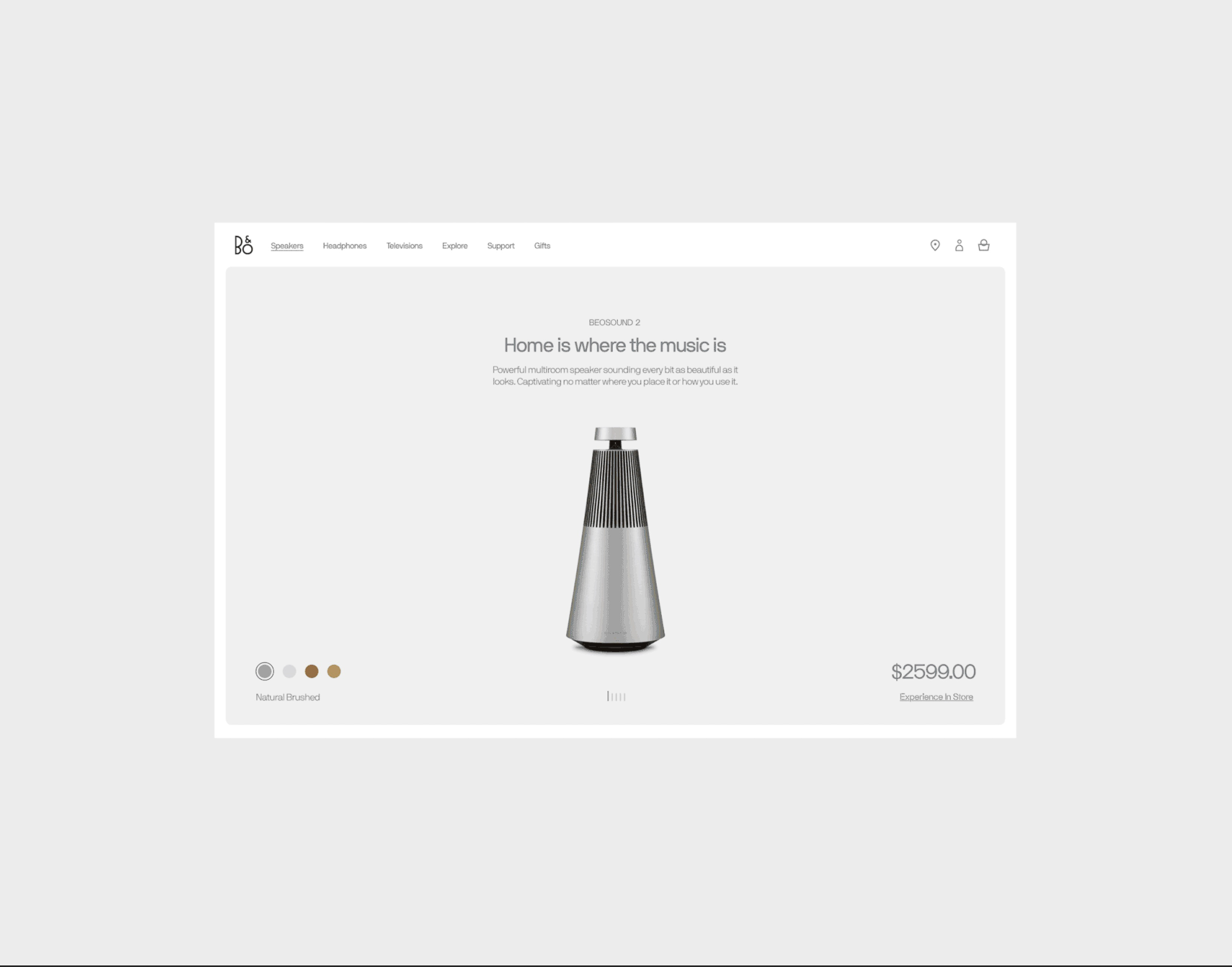 Silver multi-room speaker on a white background, displayed on a webpage with a price of $2599.00.