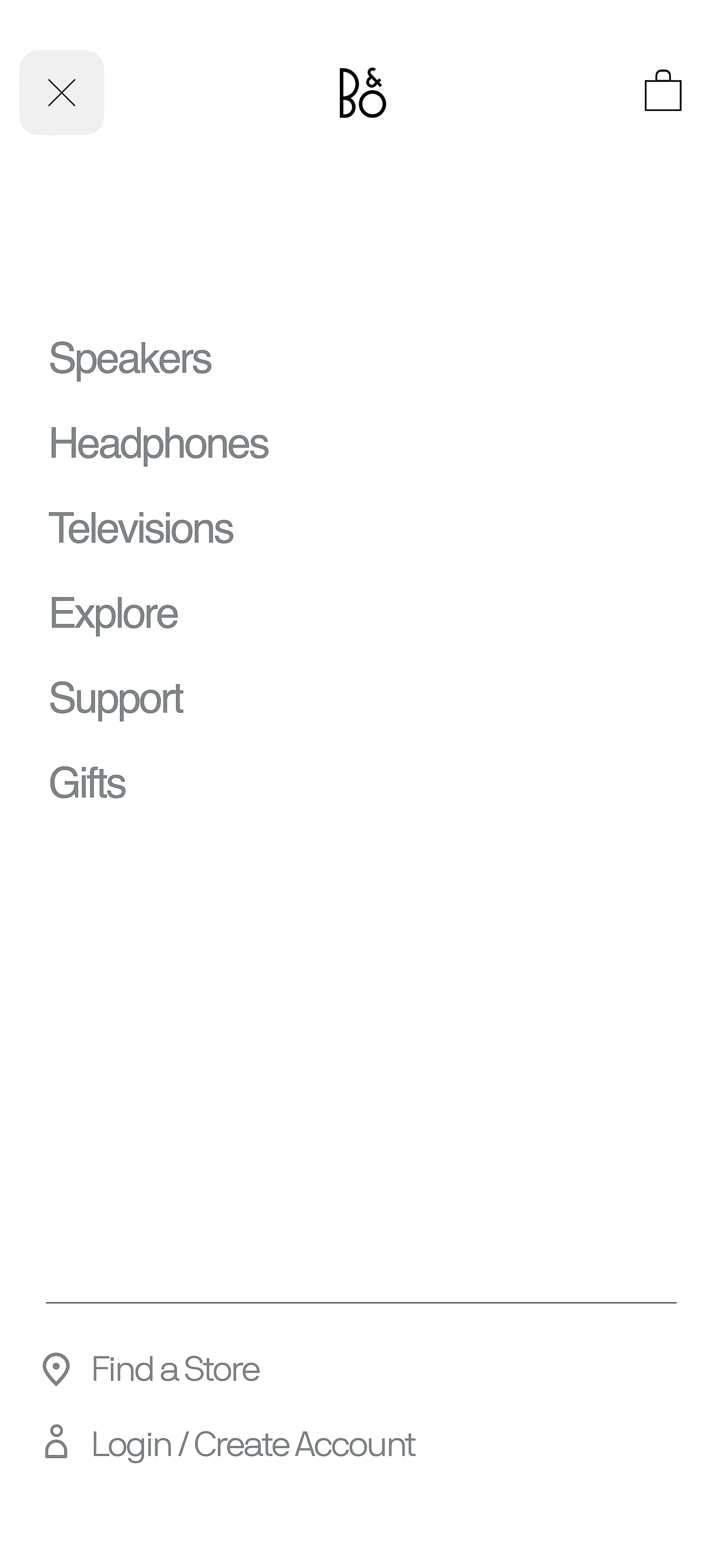 Bang & Olufsen website navigation featuring links to speakers, headphones, televisions, explore, support, and gifts.