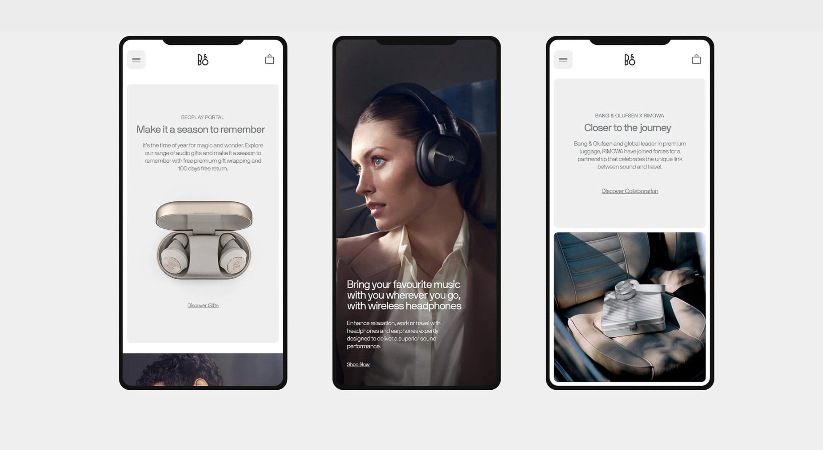 Bang & Olufsen product advertisements displayed on smartphone screens featuring wireless headphones, earbuds, and product details.