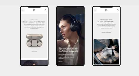 Three smartphone screen mockups displaying mobile website layout concepts for Bang & Olufsen audio products.