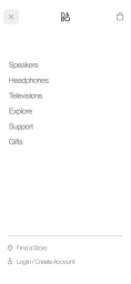 Mobile navigation menu interface concept for Bang & Olufsen displaying product categories against a plain white background.