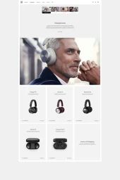 E-commerce website layout mockup for Bang & Olufsen headphones featuring a hero portrait and a product catalogue grid.