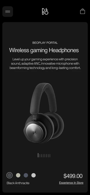 Three smartphone screen mockups displaying mobile website layout concepts for Bang & Olufsen audio products.