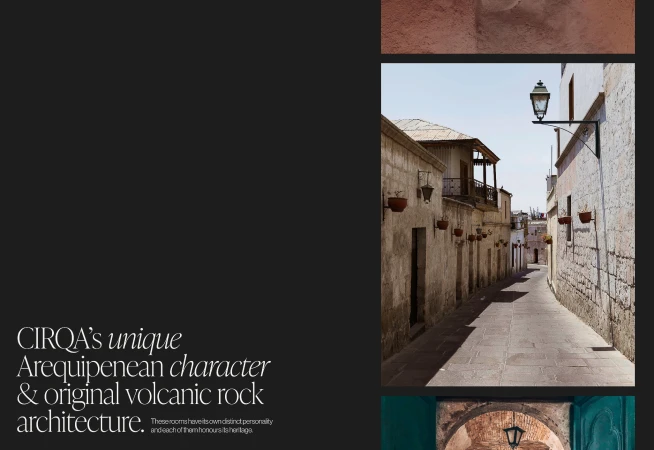 Street scene in Arequipa, Peru, featuring volcanic rock architecture, a narrow cobblestone street, and old colonial-style buildings on either side.