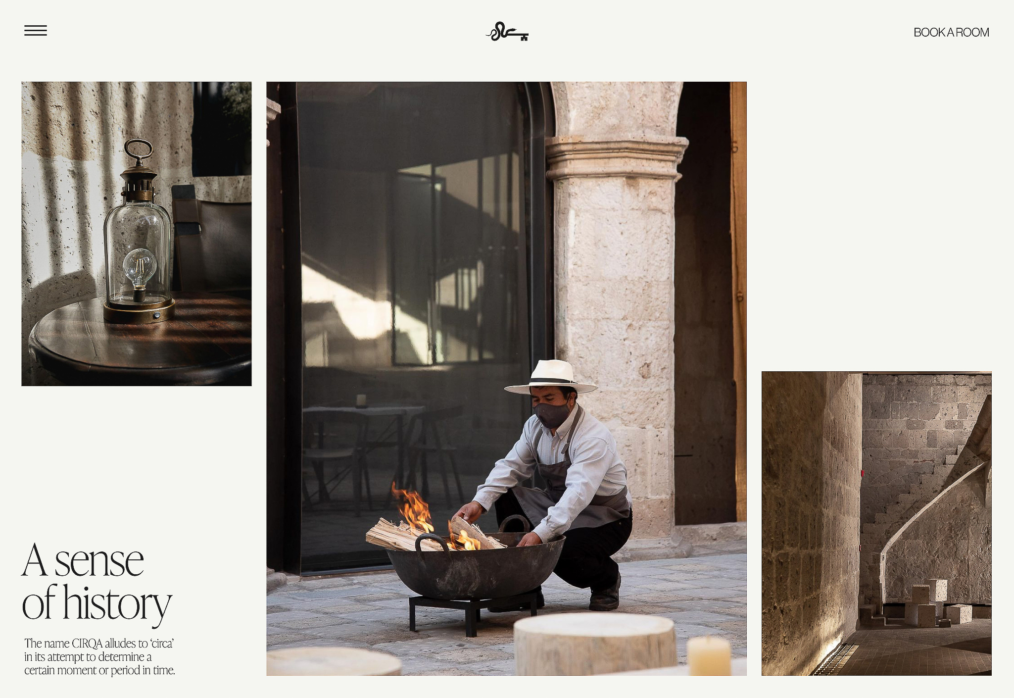 Outdoor patio scene features a man tending a fire in a metal bowl, set against stone walls and archways, with a vintage lamp nearby.