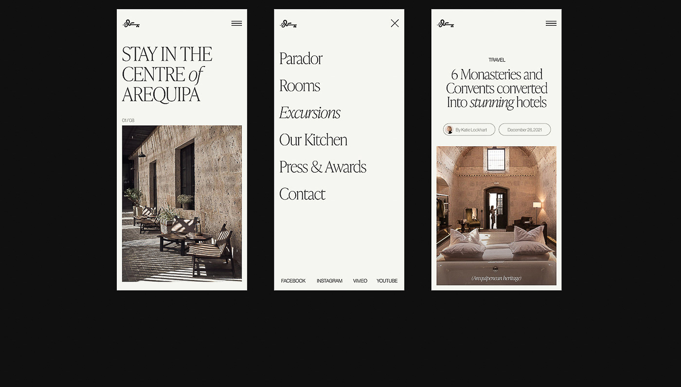 Website design featuring an outdoor patio with furniture and an interior hotel room with luxury bed in a converted monastery.