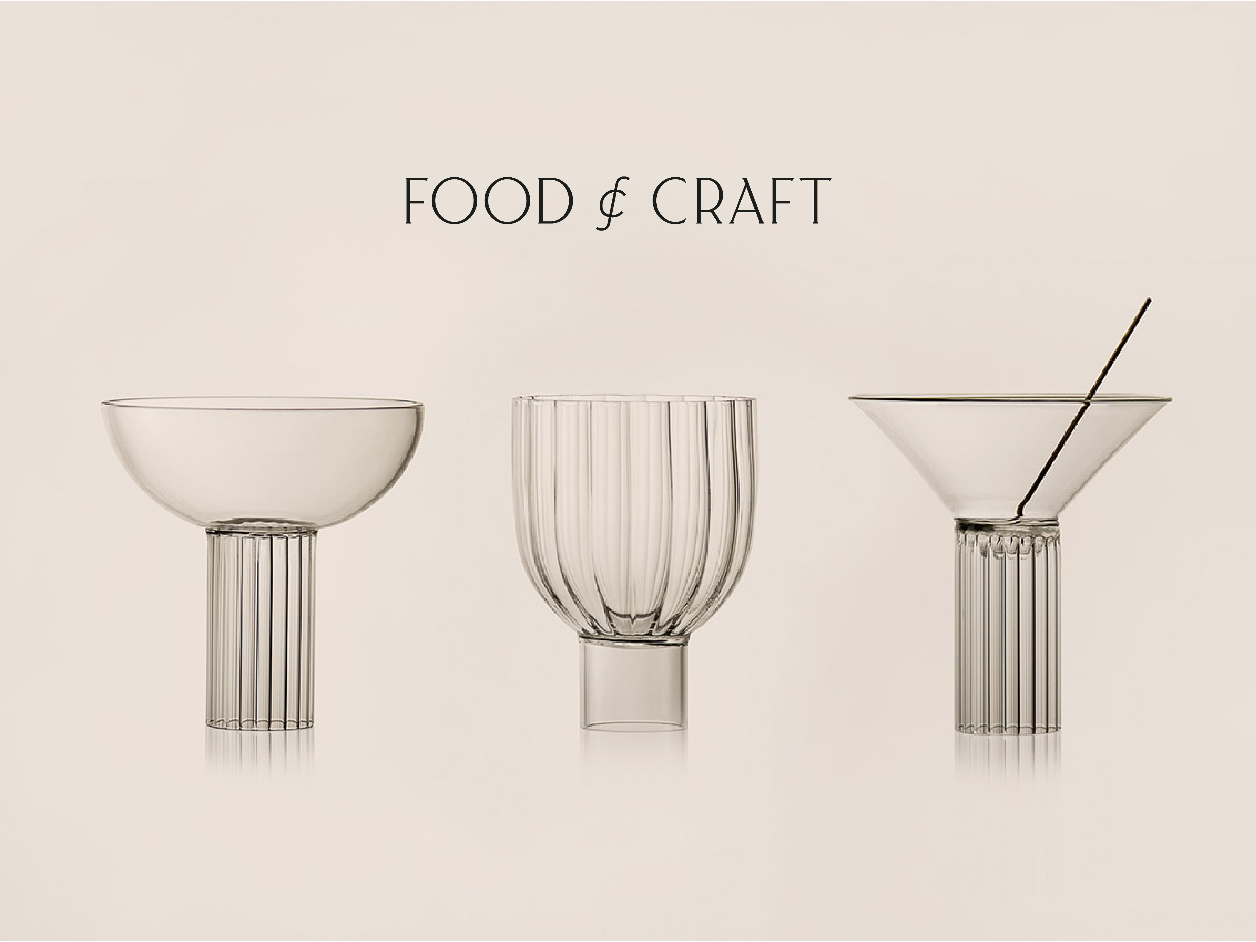 Three clear glass vessels with ribbed pedestal bases on a light background, showcasing minimalist design for food and craft presentation.