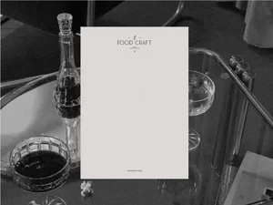 Food Craft branding paper menu mockup positioned over a black and white bar cart setup with crystal glassware and decanter.