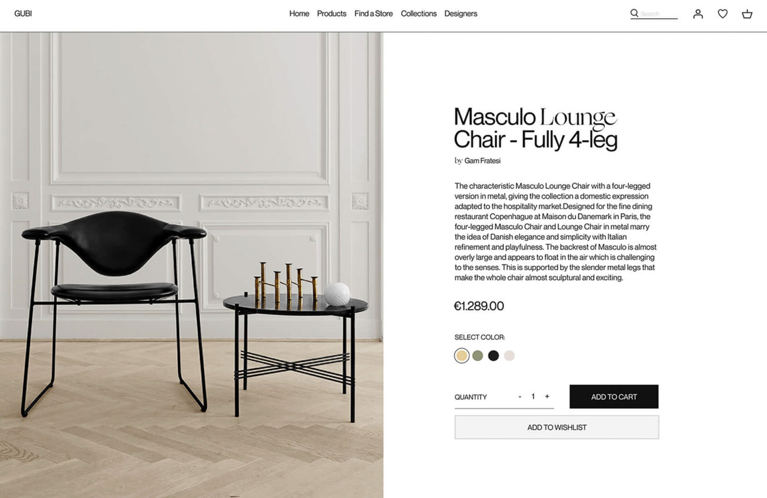 Masculo Lounge Chair and black round accent table with candelabra and a white sphere, set against a paneled wall and light wood floor.