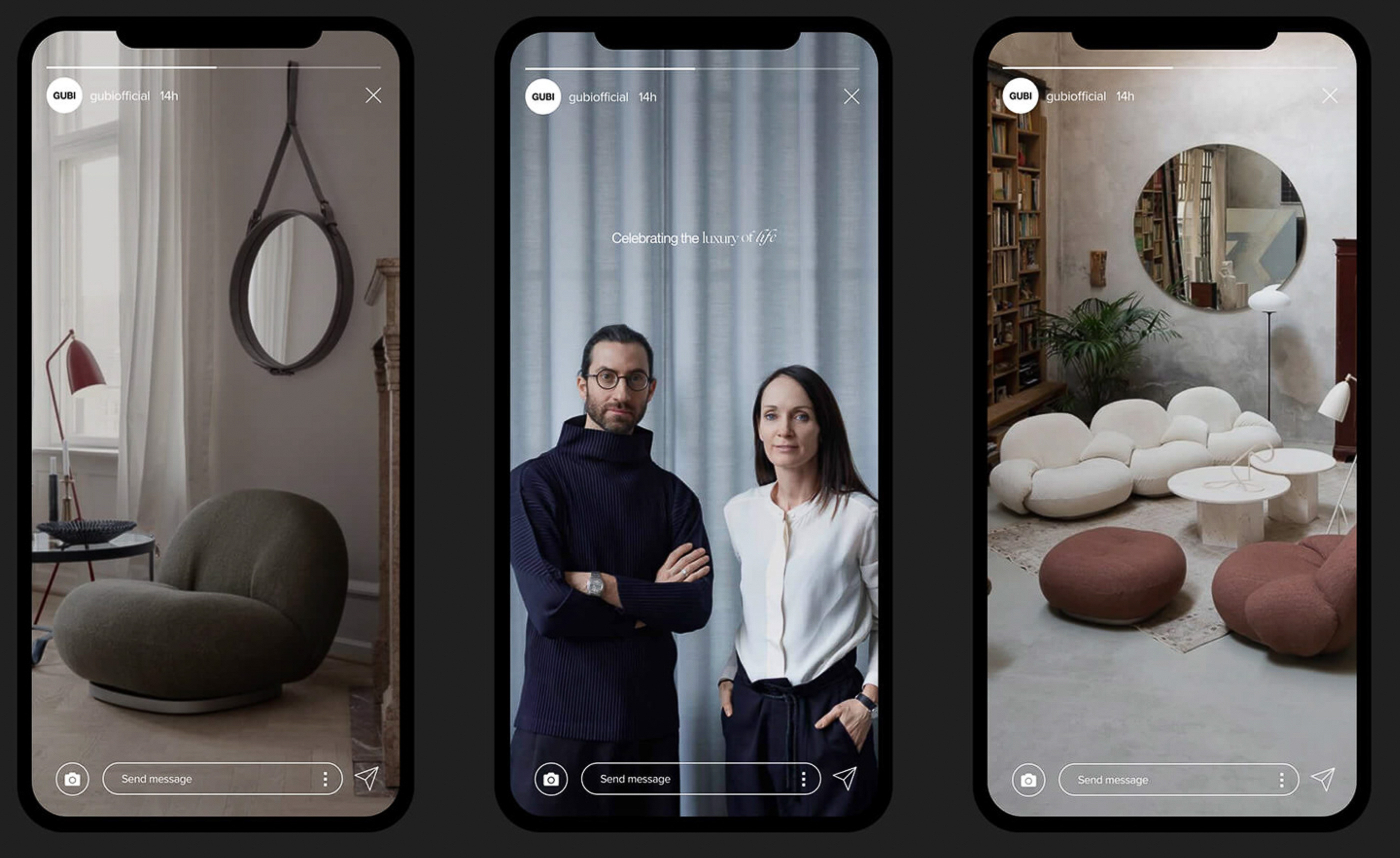 Three vertical compositions show interior design settings and a portrait of a male and female in front of a solid curtain.
