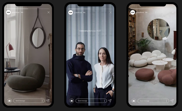 Three vertical compositions show interior design settings and a portrait of a male and female in front of a solid curtain.