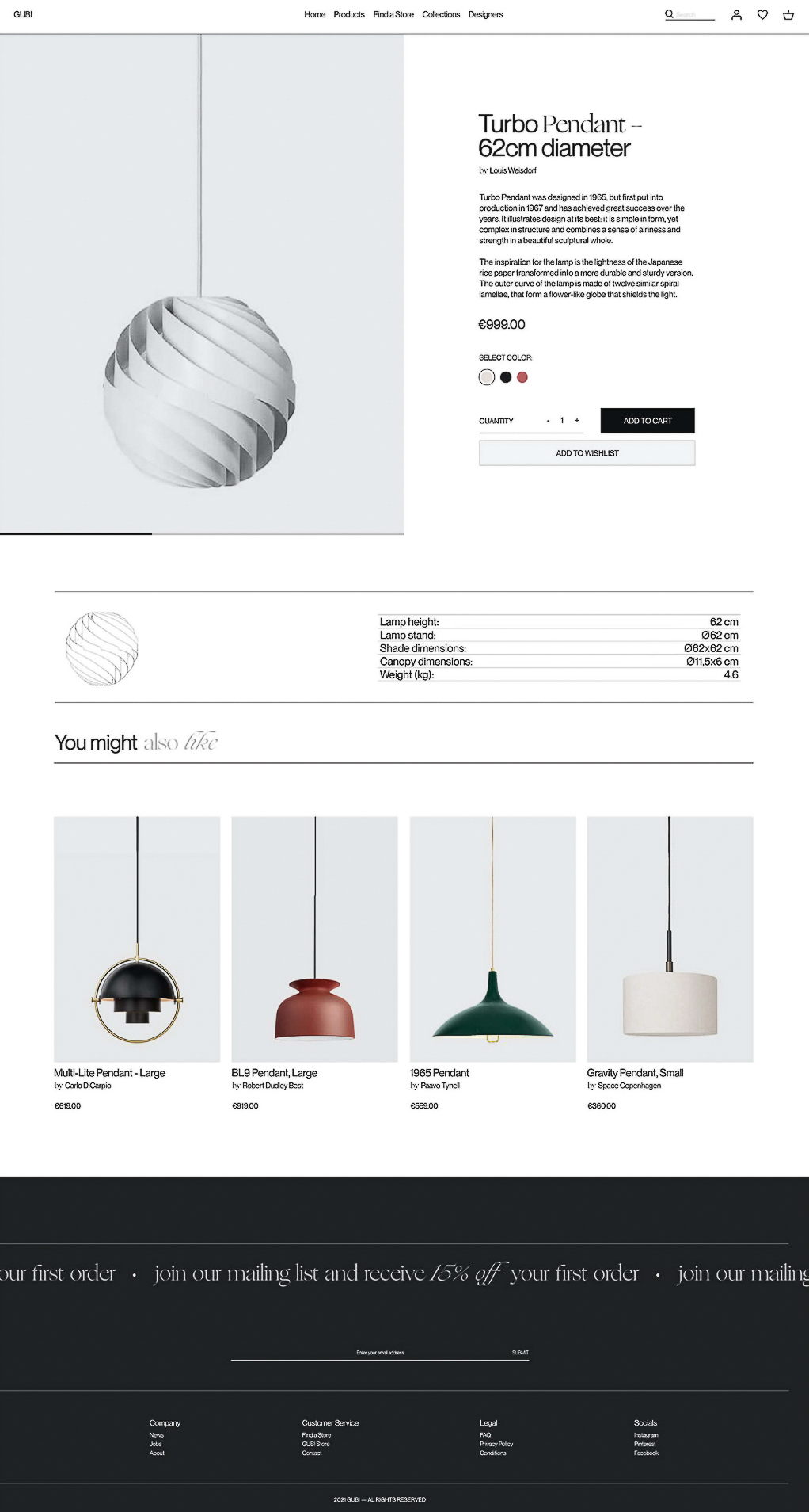 A modern white pendant lamp, "Turbo Pendant - 62cm diameter" by Louis Poulsen, hangs in a bright, minimalist product showcase setting.