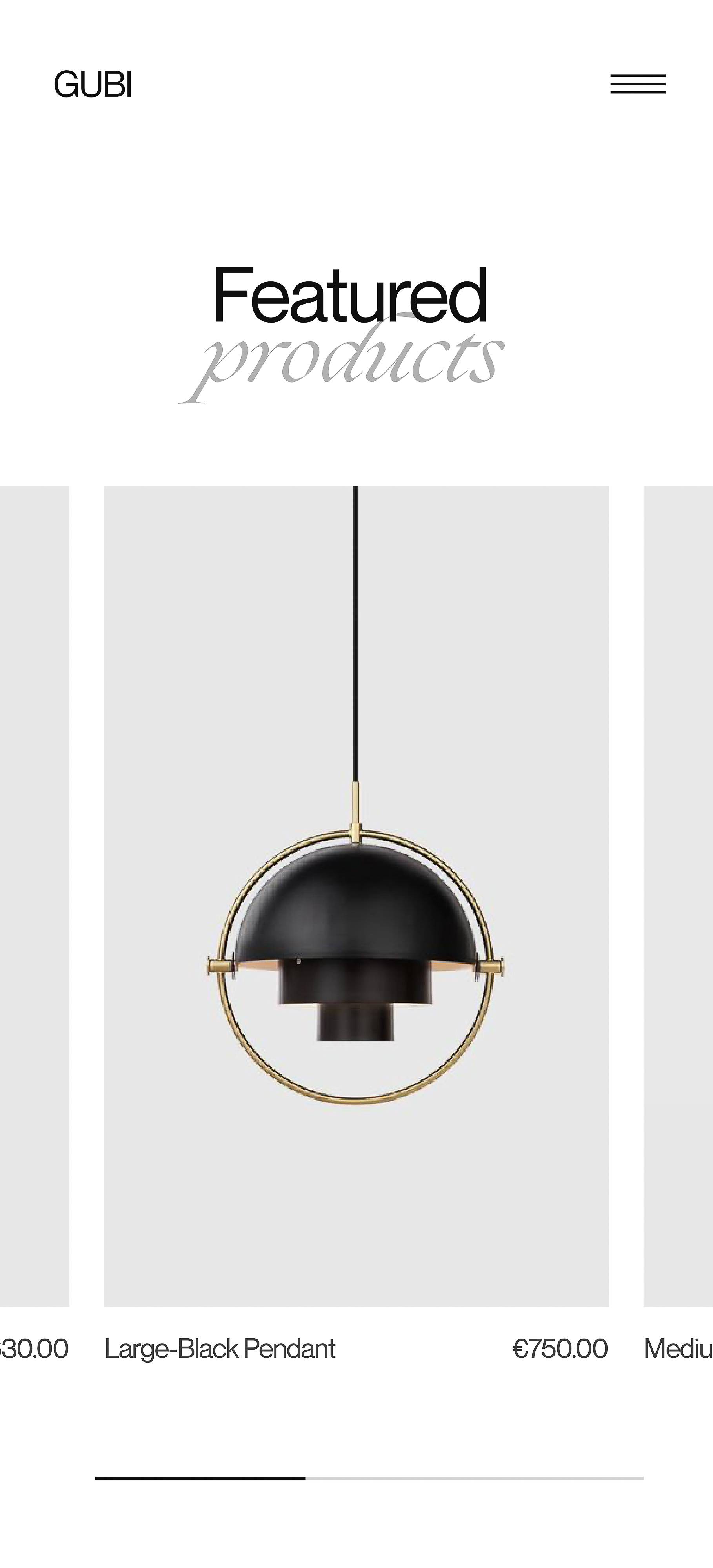 Gubi designer black pendant lamp with gold accents on a gray background with featured products text above.