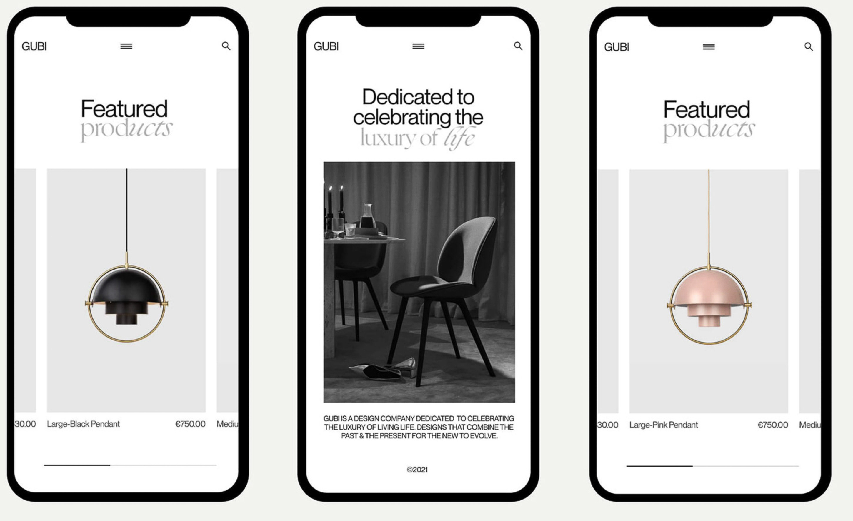 Three phone screens showing a website featuring lighting fixtures and interior design in a minimalist, modern style, highlighting product design.
