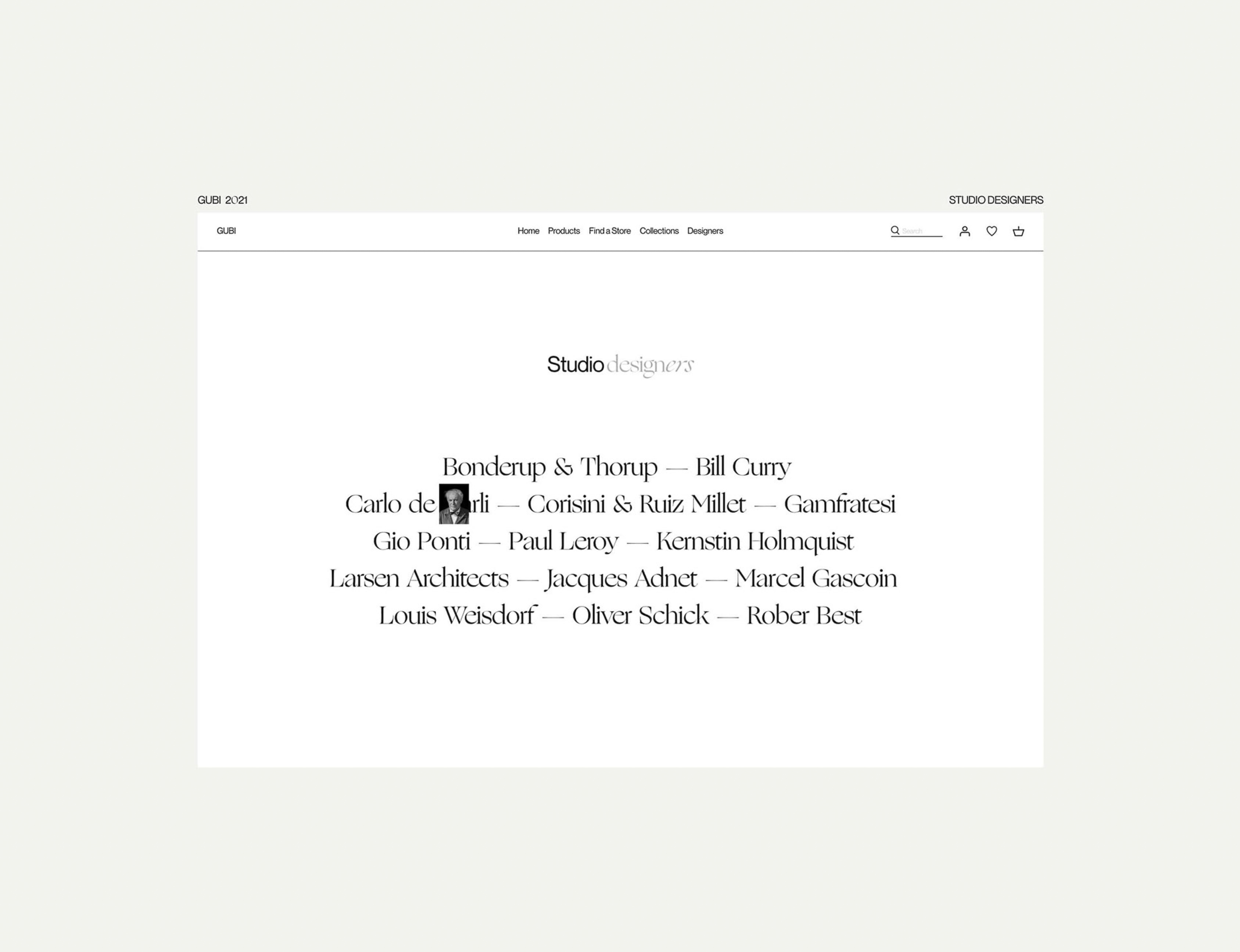 Webpage featuring a directory of studio designers including Bonderup & Thorup, Carlo de Carli, Gio Ponti, and Larsen Architects.
