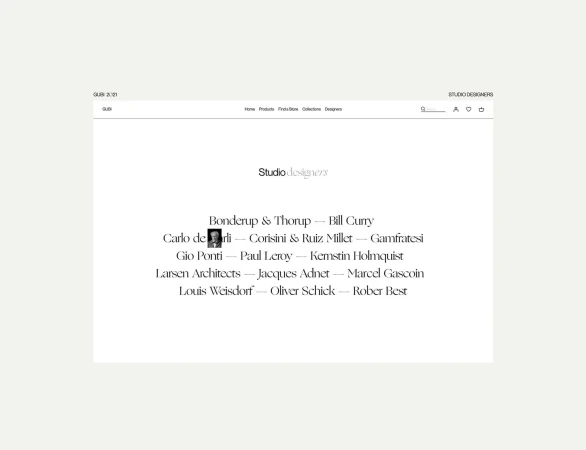 Webpage featuring a directory of studio designers including Bonderup & Thorup, Carlo de Carli, Gio Ponti, and Larsen Architects.