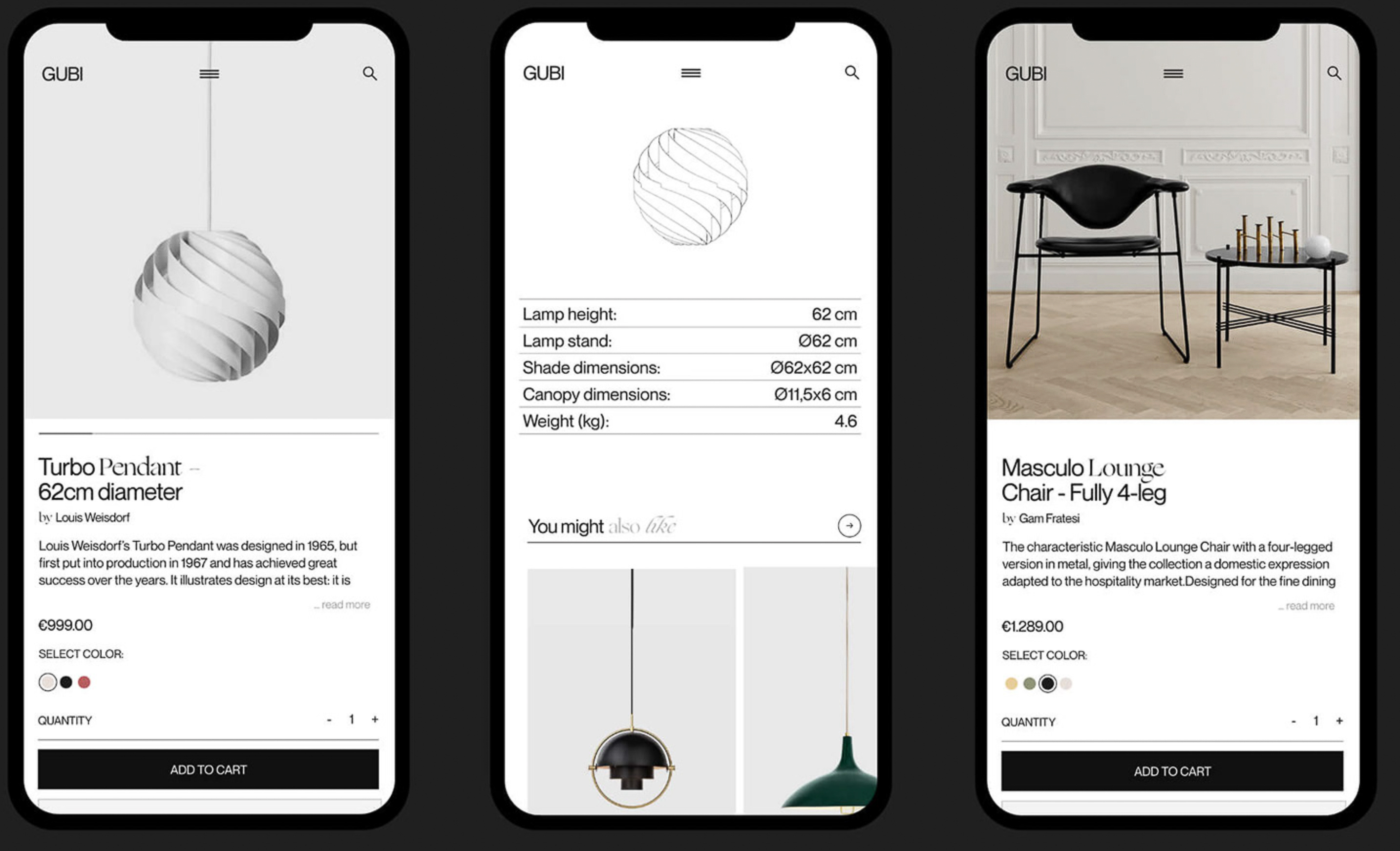 Three smartphone screens display furniture listings from Gubi, showcasing a pendant lamp and a lounge chair in interior settings.